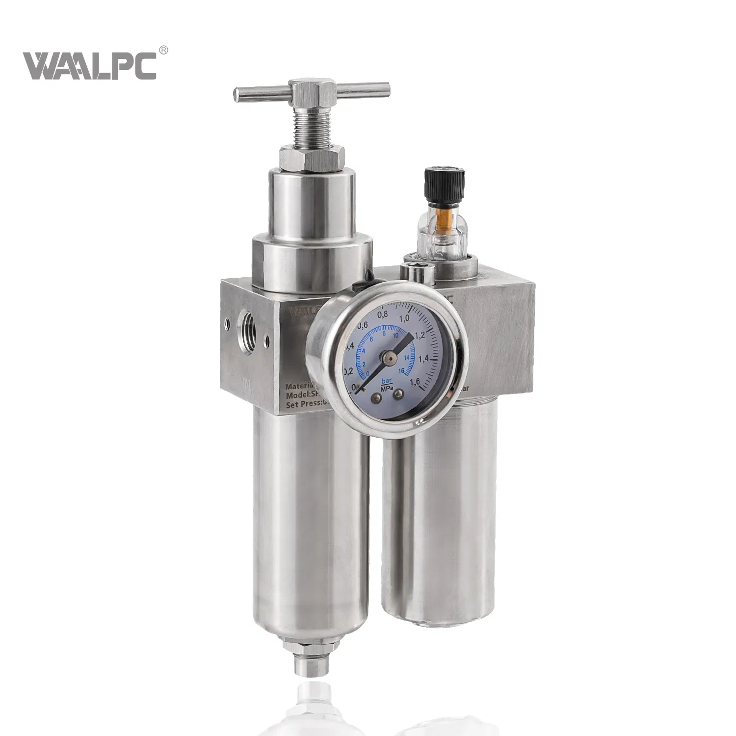 Asco 1/4'', 1/2'' SUS316 Regulador de Pressão de Ar Comprimido Pneumático em Aço Inoxidável com Manômetro e Filtro para Vaso 5um 40um NPT/PT/G