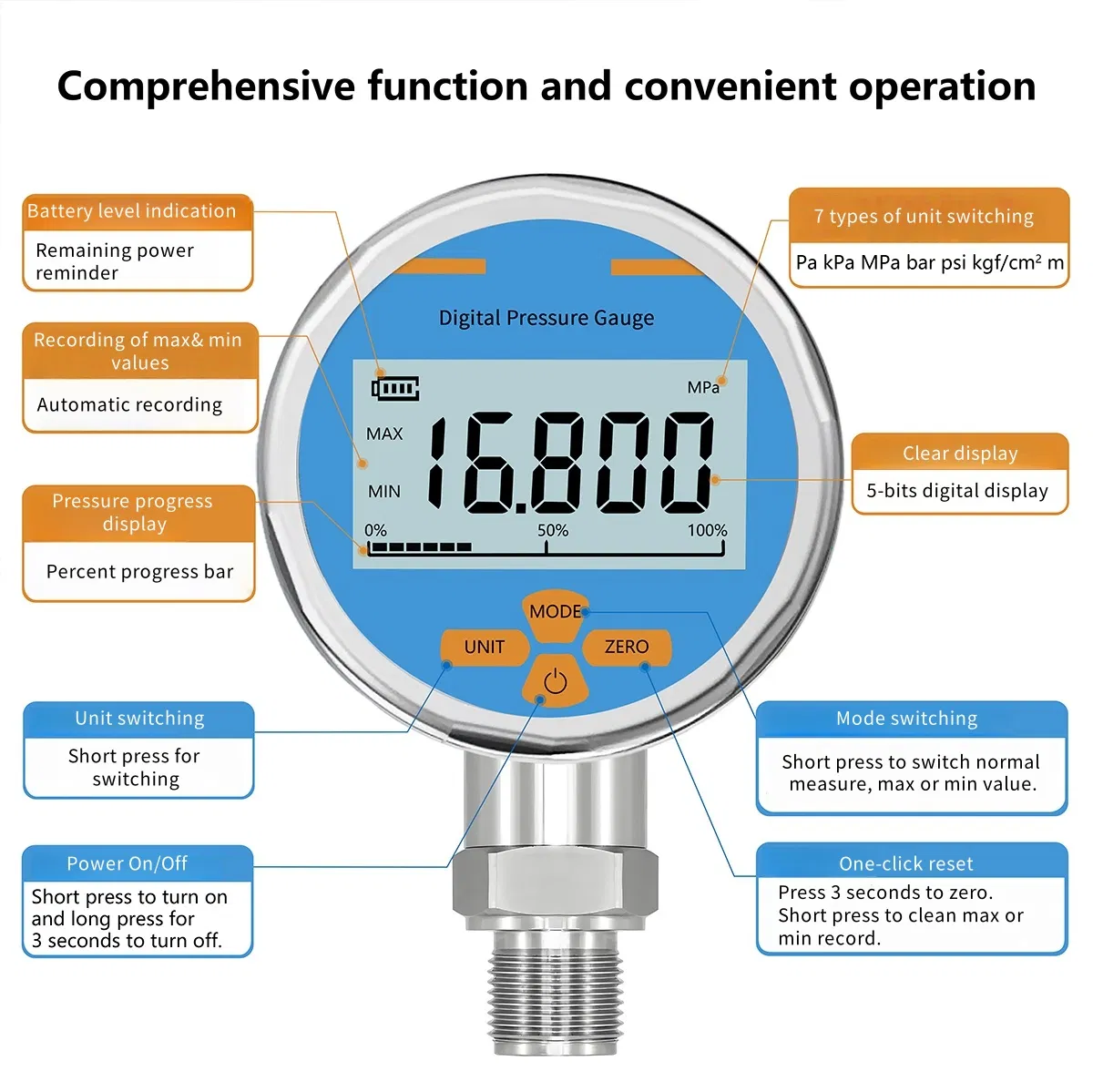 80mm discar 5 bits display LCD fornecimento de bateria manômetro de pressão alta precisão manômetro digital de pressão fácil de equipar uso rápido manômetro de aço inoxidável