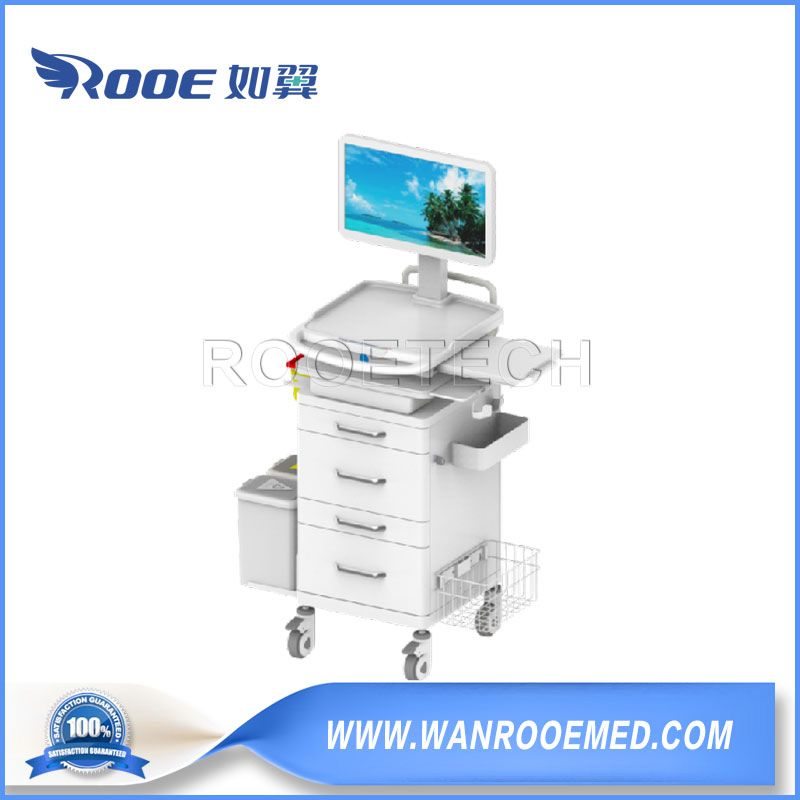 Multiple Drawers Mobile Medical Medicine Delivery Workstation Computer Trolley with Integrated Tabletop and Hidden Tray