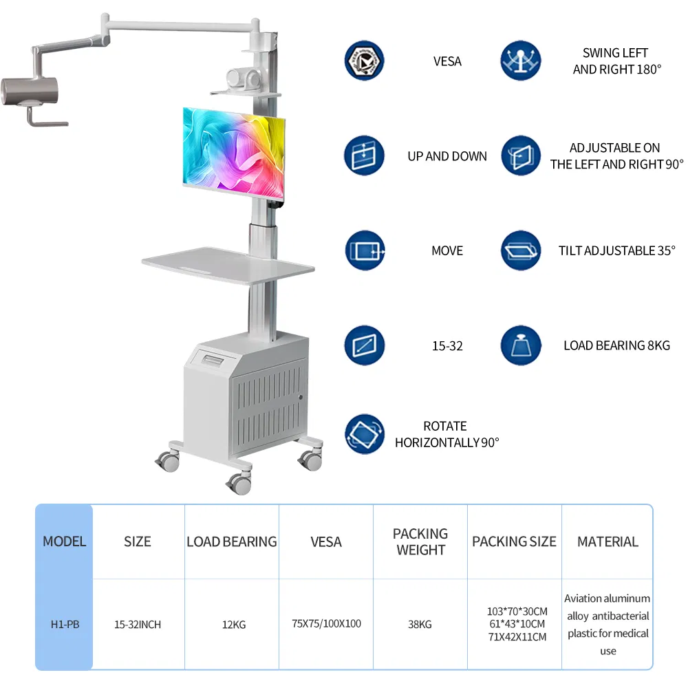 Customizable Telemedicine Medical Cart with Adjustable Arm for Hospitals