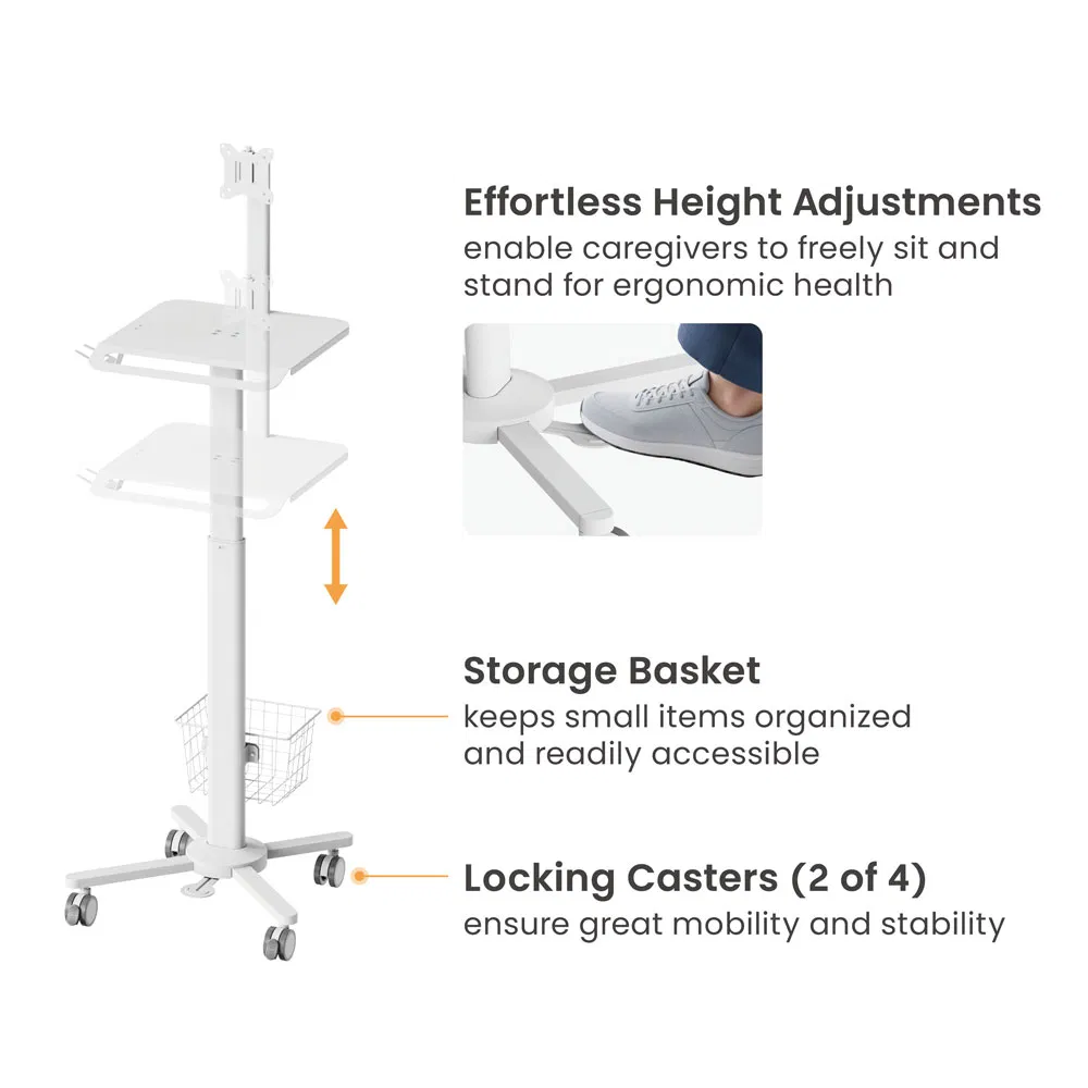 Economy Medical Cart Mobile Height Adjustable Rolling Heavy Hospital Crash IV Telemedicine Trolley on Wheels With Monitor Mount