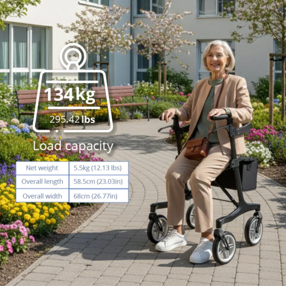 Robust 4-Wheel Carbon Fiber Folding Rollator for Fracture Recovery Period