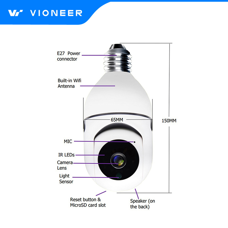 Vioneer Hot Sales 360 Degree Wide Angle Fisheye WiFi Bulb LED Light 1080P HD Indoor Security IP Camera
