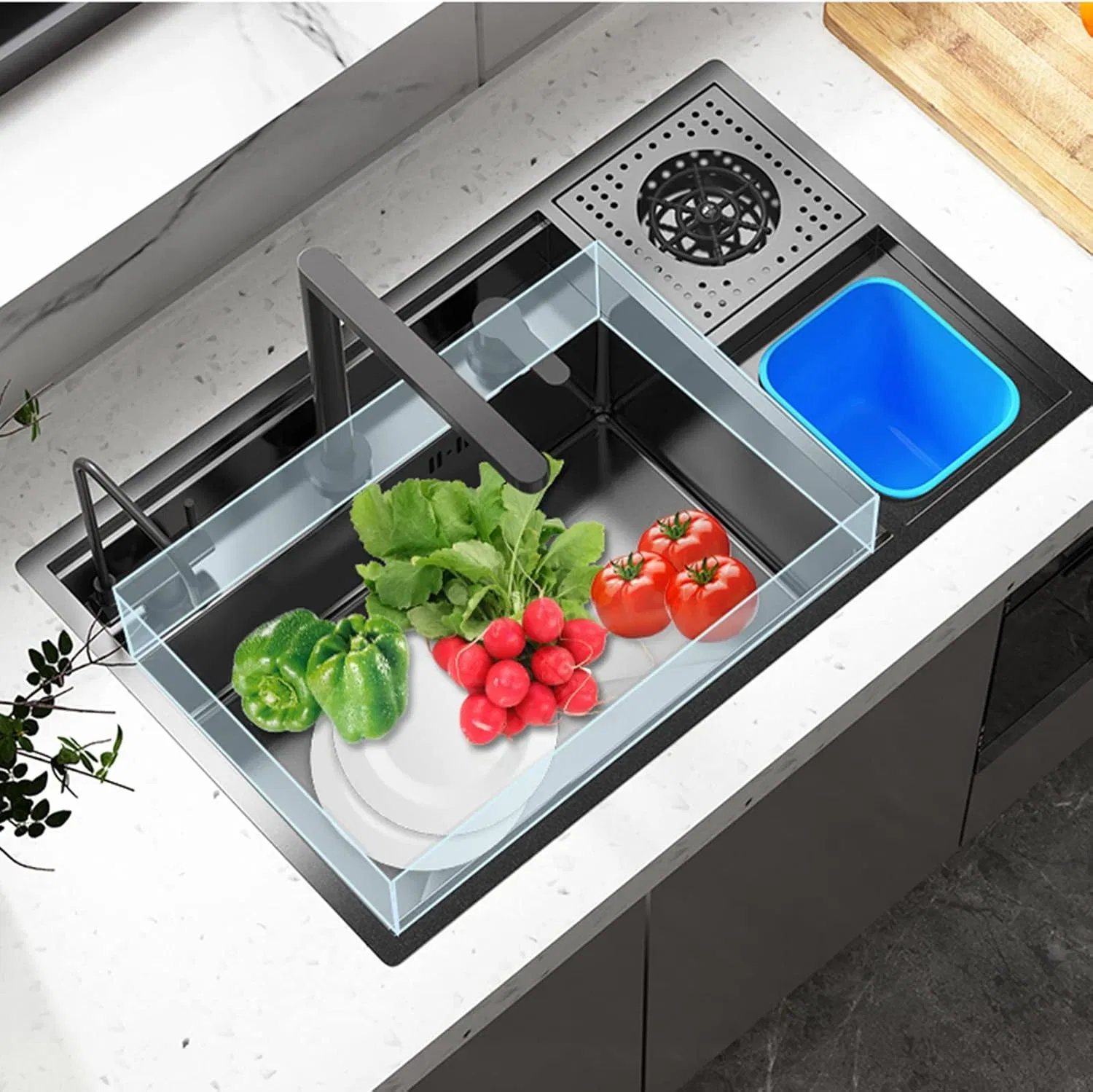 Hidden Multifunctional Kitchen Sink Waterfall with Cup Washer and Water Purifier Black