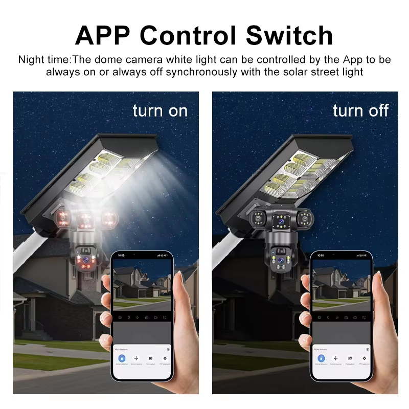 12MP Solar Street Light Camera 3lens PTZ 360 Home Security System 400W Panel CCTV Wireless WiFi Network Camera 4G Two Way Audio