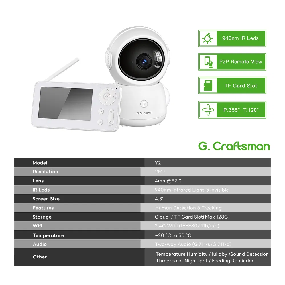 Y2 (AG) PTZ Baby Monitor 4.3 Inch Screen WiFi Auto Tracking APP Alarm Two-Way Audio Onvif IP Home Security Video Camera