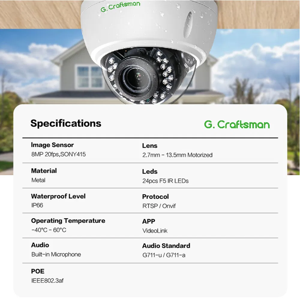 Ga-D2VI-M8ss Gcraftsman Ik10 Anti-Vandal Metal Dome Outdoor 100FT IR Night Vision IP Poe Security Camera with Motor Lens