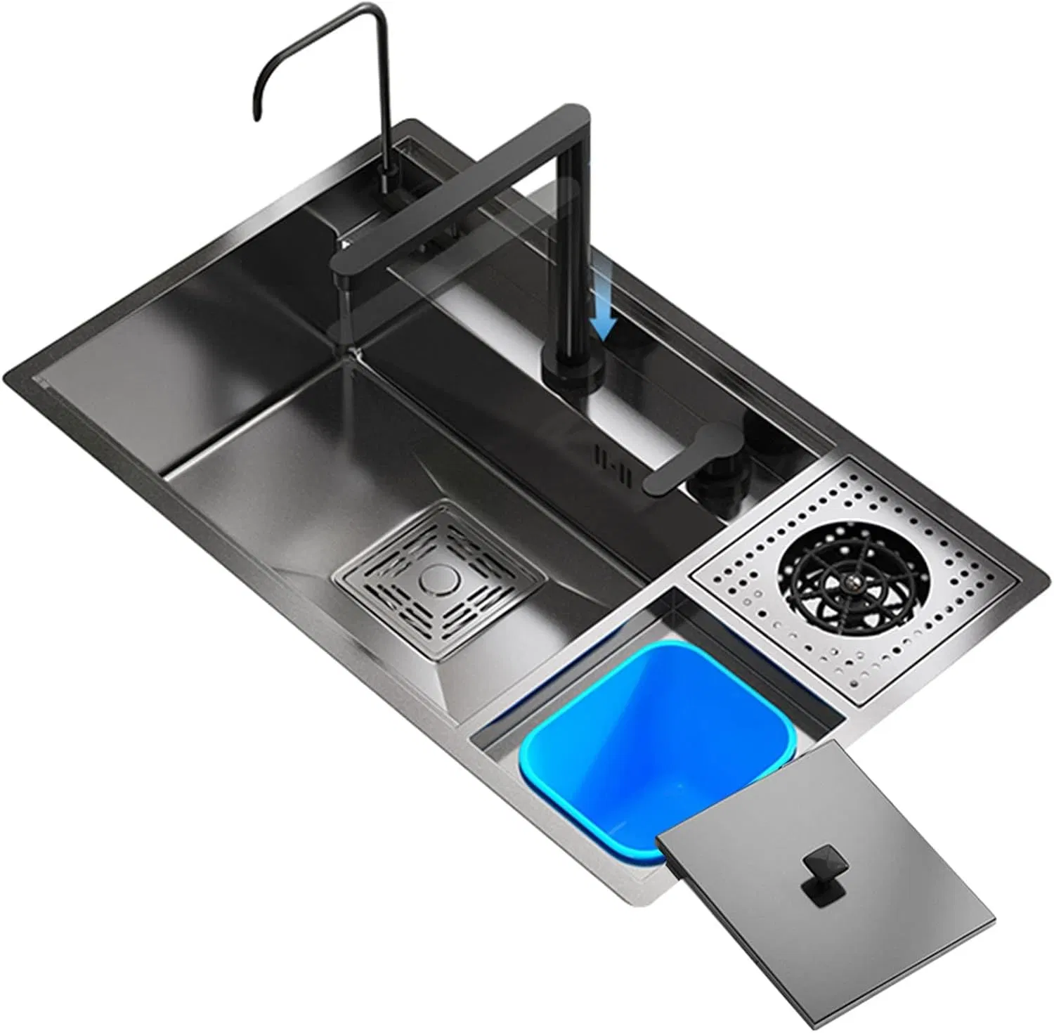 Hidden Multifunctional Kitchen Sink Waterfall with Cup Washer and Water Purifier Black