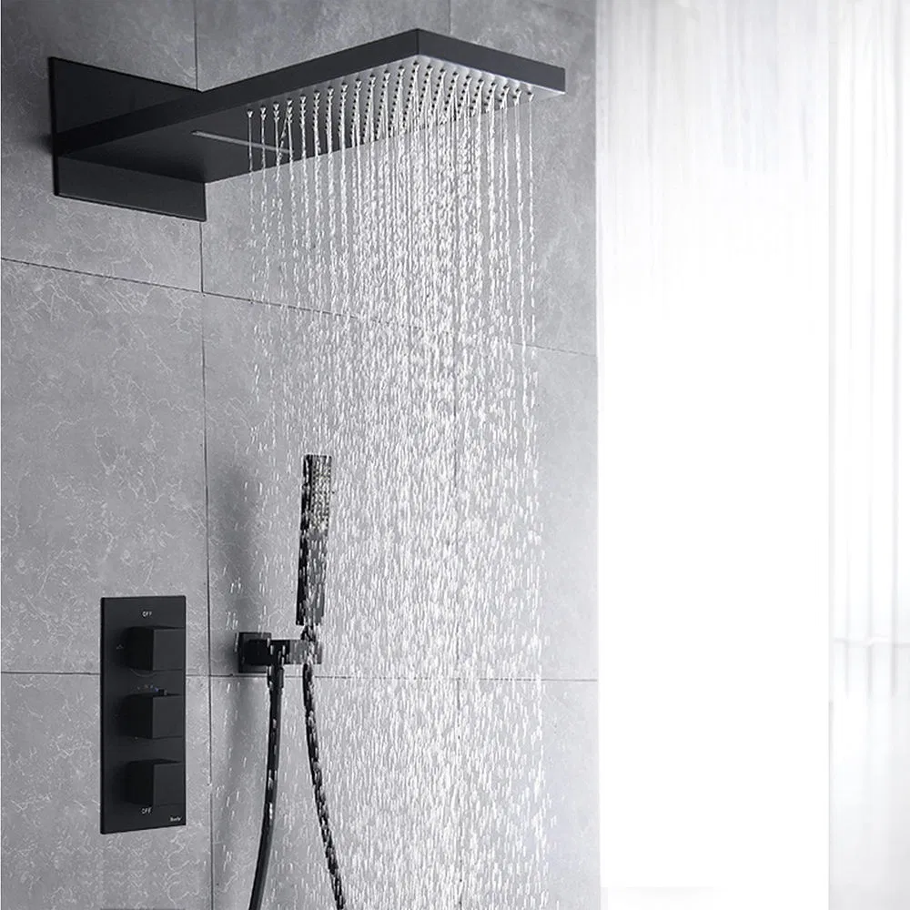 Luxury Modern Bathroom Bath Shower Faucet Head Black Wall-Mount Water Saving Hidden Concealed Rainfall Brass Shower Set