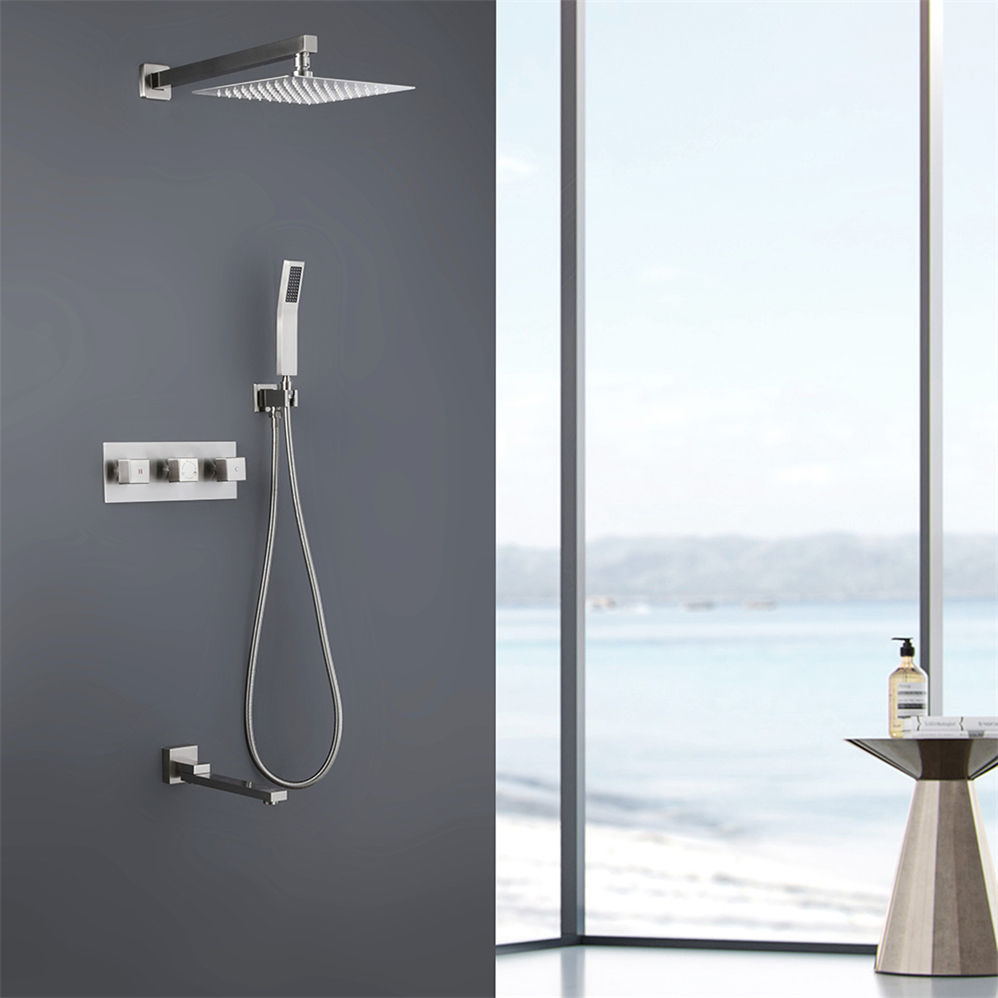 Luxury Modern Bathroom Bath Shower Faucet Head Black Wall-Mount Water Saving Hidden Concealed Rainfall Brass Shower Set