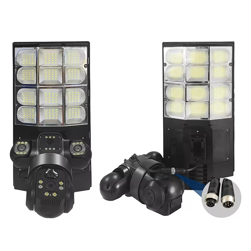 12MP Solar Street Light Camera 3lens PTZ 360 Home Security System 400W Panel CCTV Wireless WiFi Network Camera 4G Two Way Audio