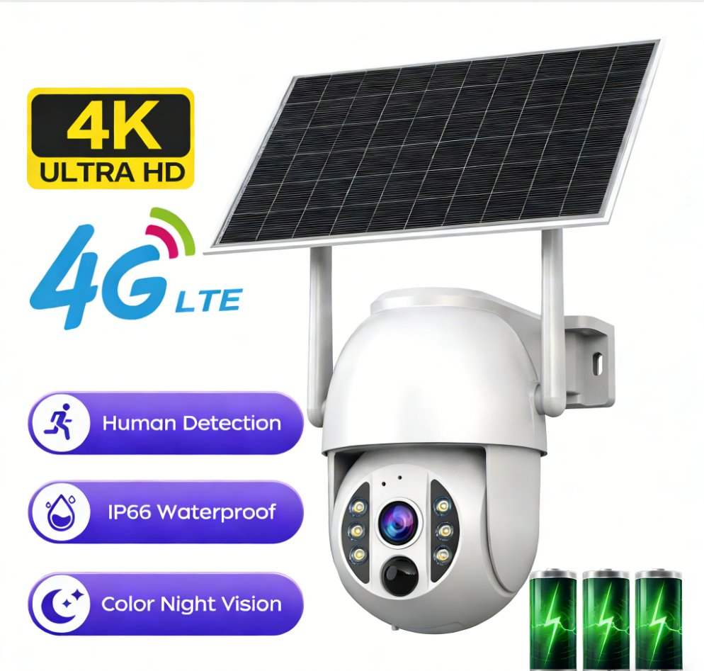4G Solar Security Camera 3MP HD, IP66 Waterproof, Two-Way Audio, IR Night Vision, Motion Alert Wireless SIM Card Outdoor CCTV