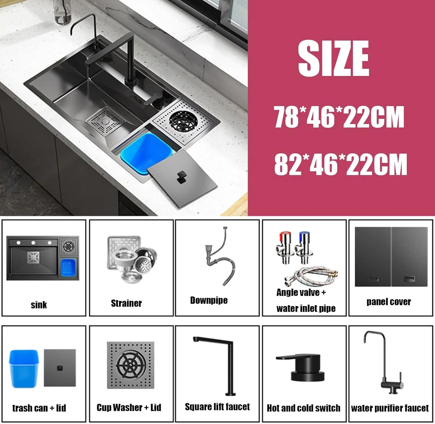 Hidden Multifunctional Kitchen Sink Waterfall with Cup Washer and Water Purifier Black