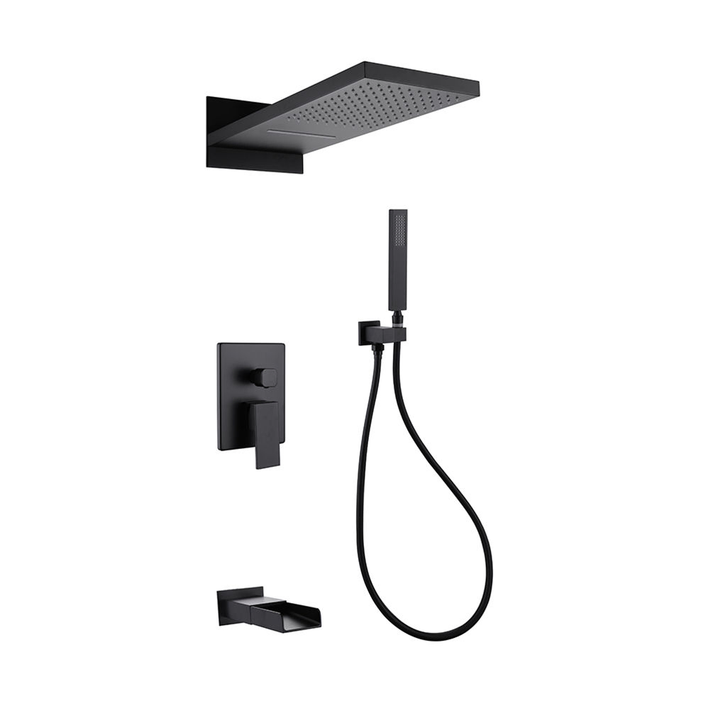 Luxury Modern Bathroom Bath Shower Faucet Head Black Wall-Mount Water Saving Hidden Concealed Rainfall Brass Shower Set