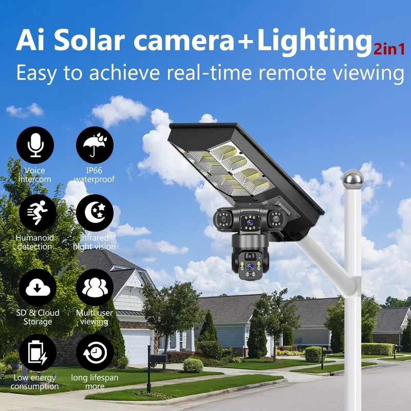12MP Solar Street Light Camera 3lens PTZ 360 Home Security System 400W Panel CCTV Wireless WiFi Network Camera 4G Two Way Audio