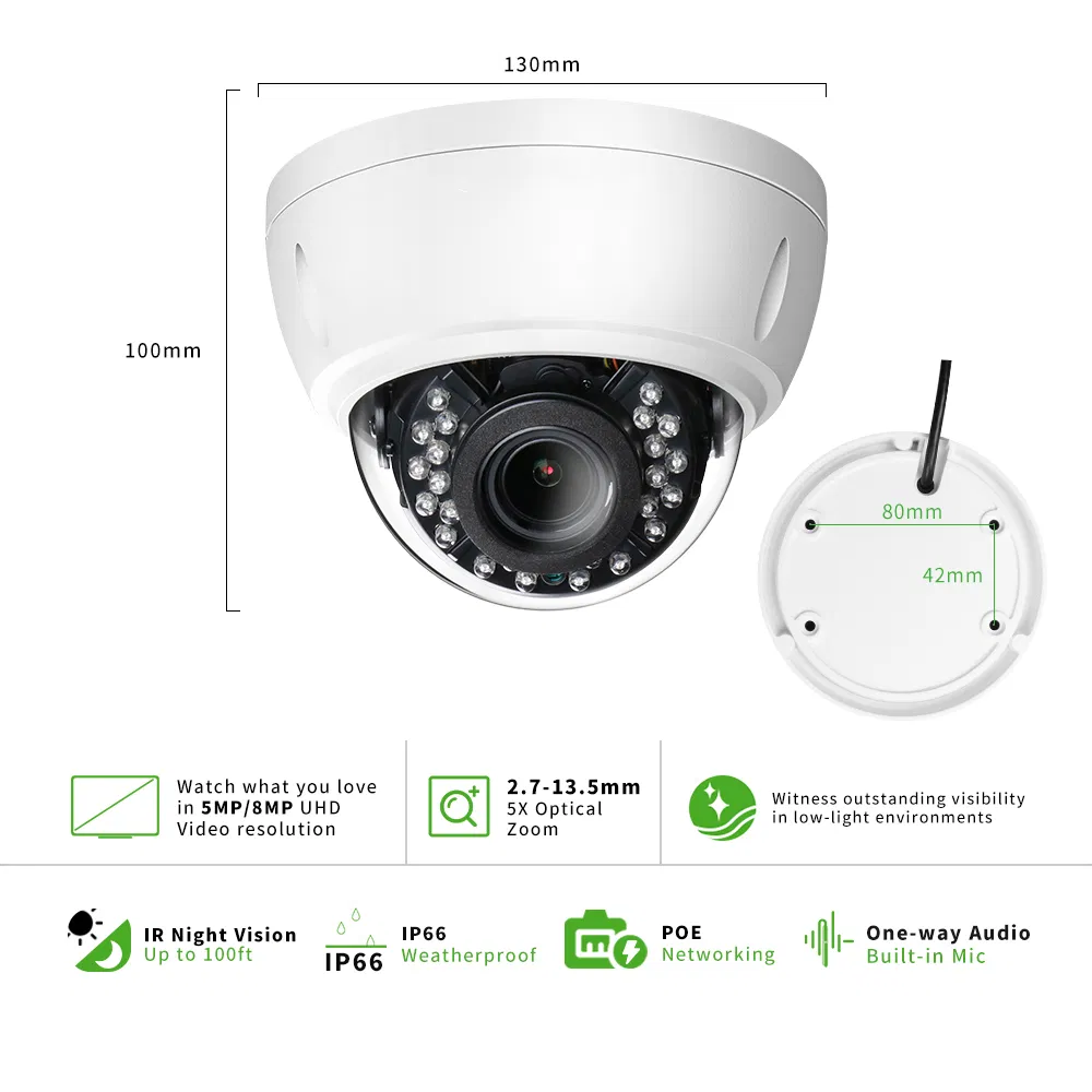 Ga-D2VI-M8ss Gcraftsman Ik10 Anti-Vandal Metal Dome Outdoor 100FT IR Night Vision IP Poe Security Camera with Motor Lens