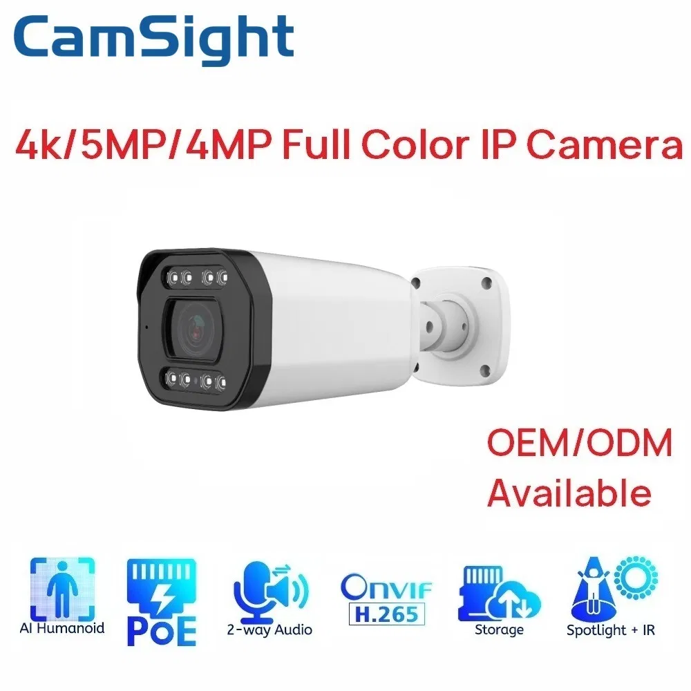 8MP 4K Ai Two Way Audio Colorvu Human Detection Poe IP Camera OEM ODM CCTV Security Bullet IP Camera Manufacturer IP67