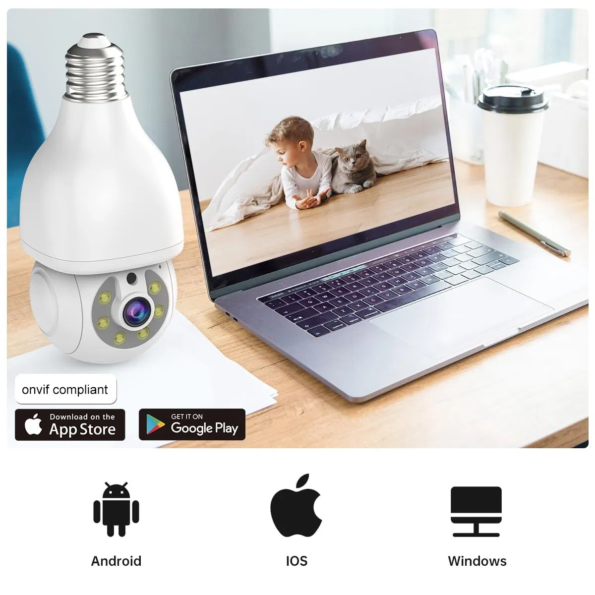 2K HD Light-Bulb Security Camera, Wireless 2.4GHz WiFi, 360° View, Auto Tracking, 2 Way Audio