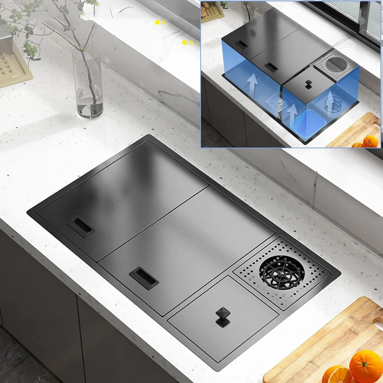 Hidden Multifunctional Kitchen Sink Waterfall with Cup Washer and Water Purifier Black