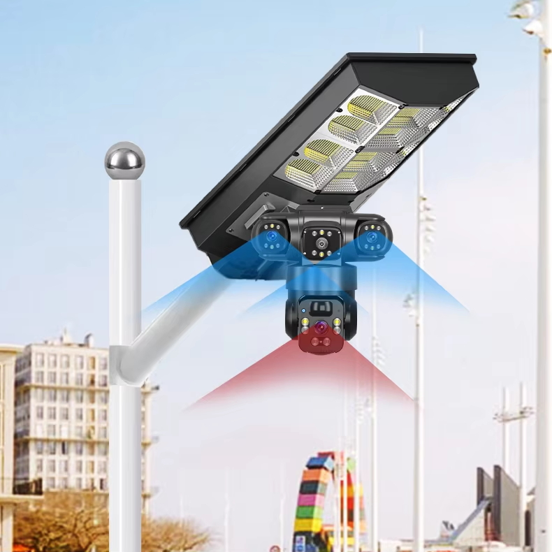 12MP Solar Street Light Camera 3lens PTZ 360 Home Security System 400W Panel CCTV Wireless WiFi Network Camera 4G Two Way Audio