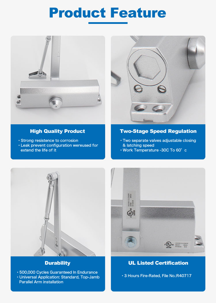 CE UL Fire Rated Automatic Aluminum Hidden Hardware Heavy Duty Back Check Hold Open Overhead Hydraulic Sliding Spring Residential Surface Mounted Door Closer