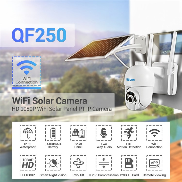Escam Qf250 1080P WiFi Solar IP Camera WiFi Wireless 6W Solar Panel Battery Powered Home Security Camera