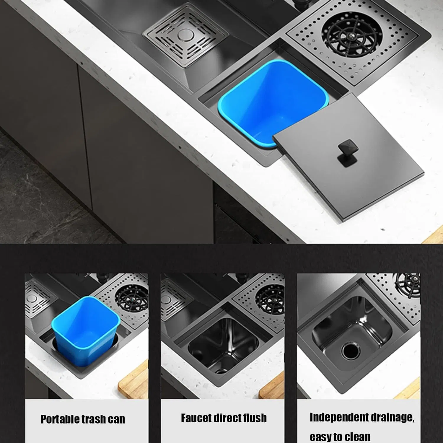 Hidden Multifunctional Kitchen Sink Waterfall with Cup Washer and Water Purifier Black