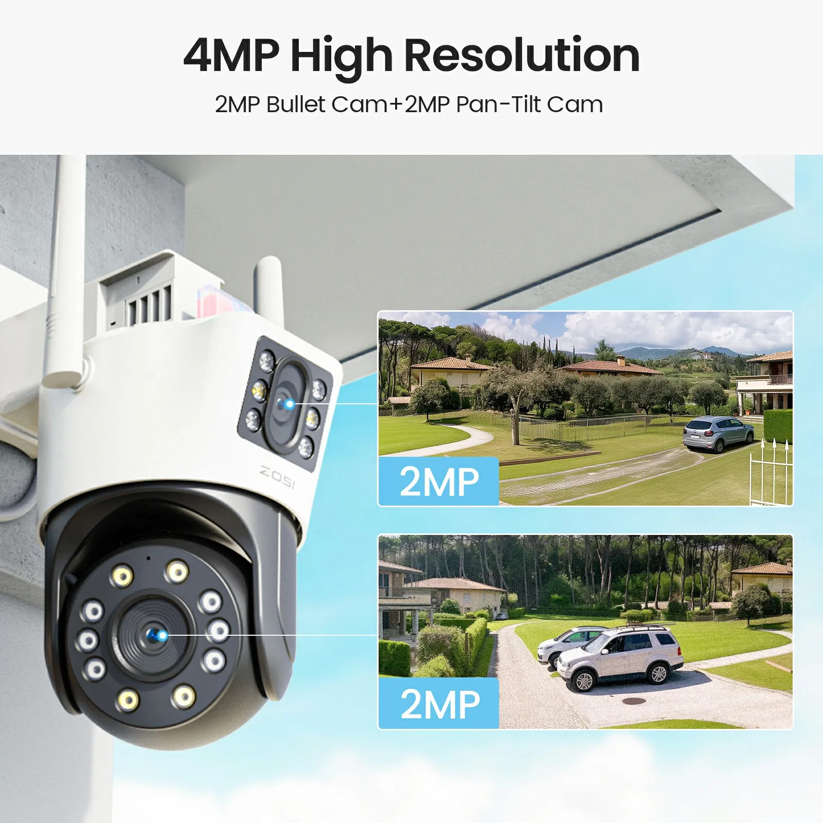 Zosi C298 Se 4MP Dual Lens WiFi Camera Ai Human / Vehicle Detection Two Way Audio Outdoor Security Cam