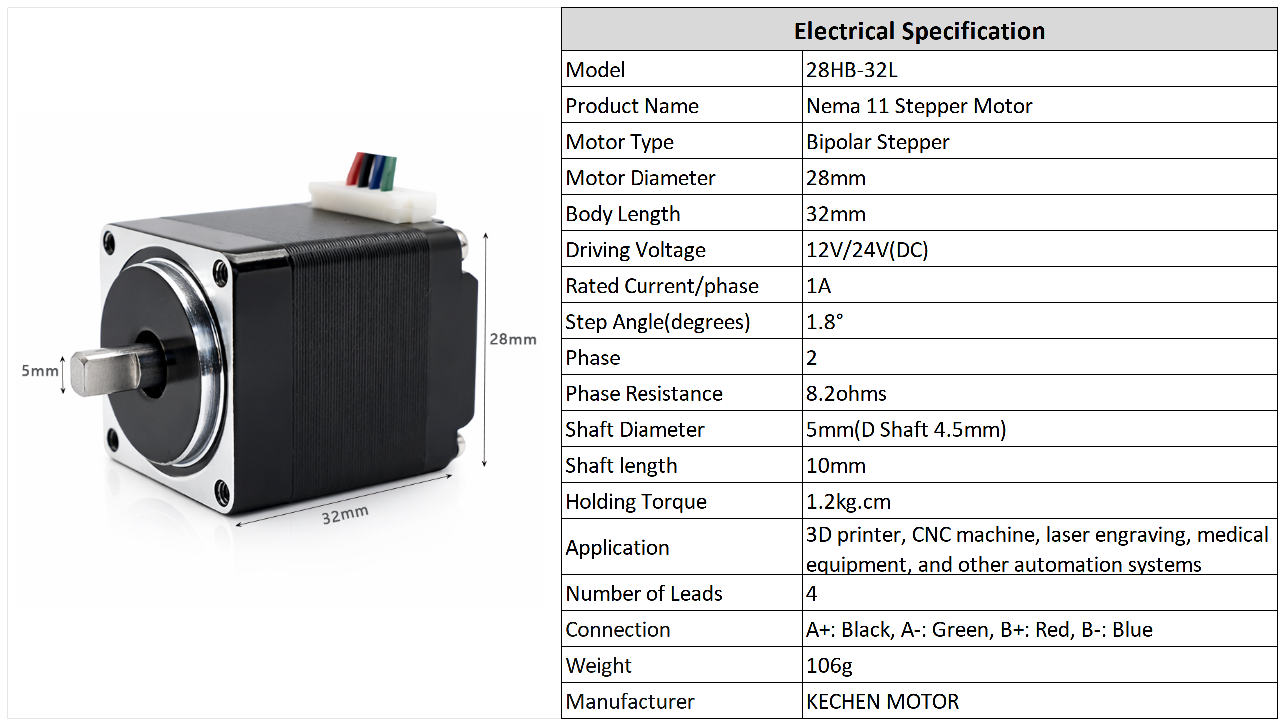 KECHEN MOTOR NEMA 11 2-Phase Hybrid Stepper Motor 28x28x32mm 12V DC 1.2kg.cm Torque 5.0mm Shaft High Precision Model 28HB-32L
