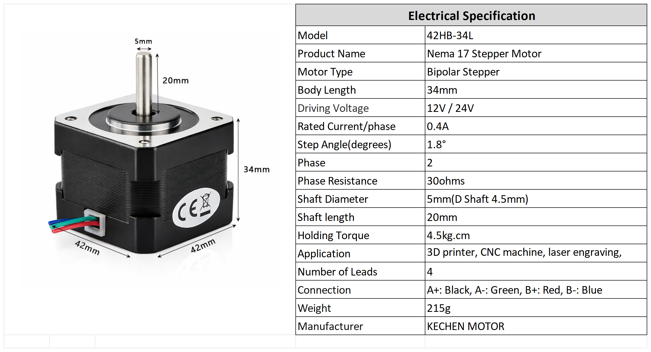42*42*34mm 2 Phase Hybrid Stepping Motor 1.8 Degree Nema 17 for Robot/3D Printers with ISO 13485 12V DC