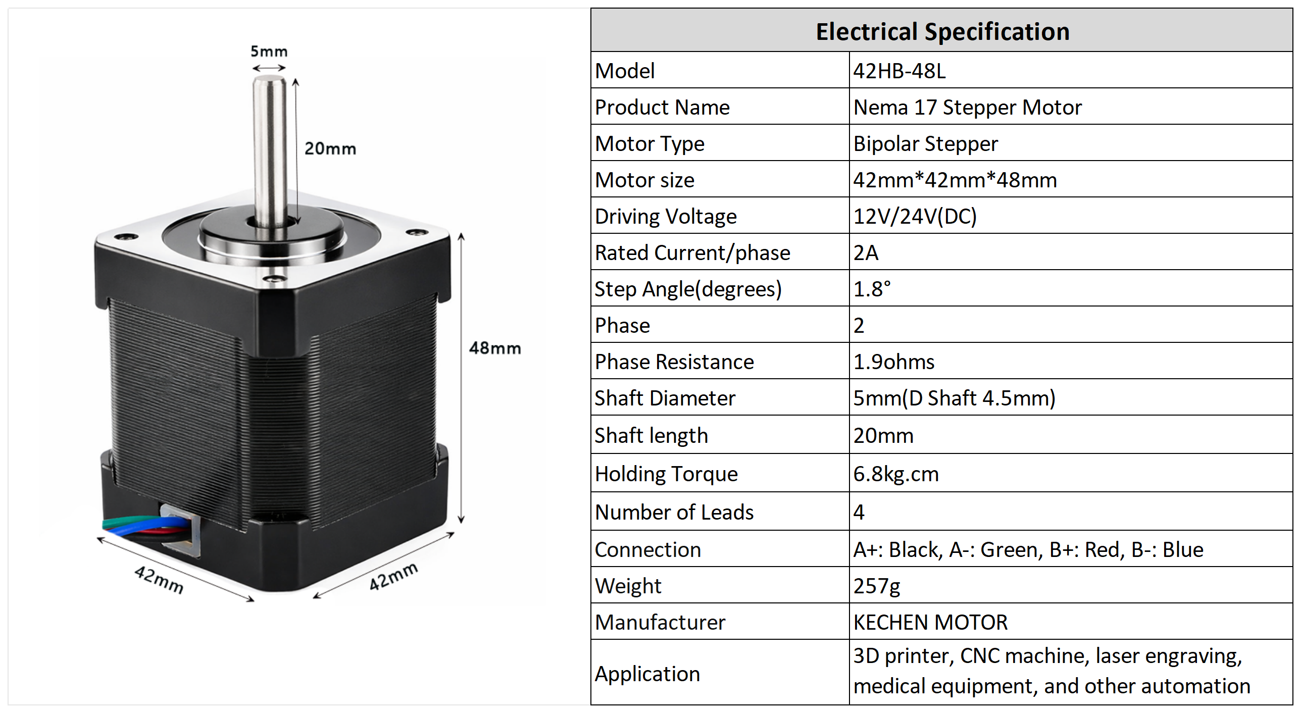 42*42*48mm NEMA 17 2-Phase Hybrid Stepper Motor Precision for Automation & CNC Machines 12V DC ROHS Certified 6.8kg.cm Torque