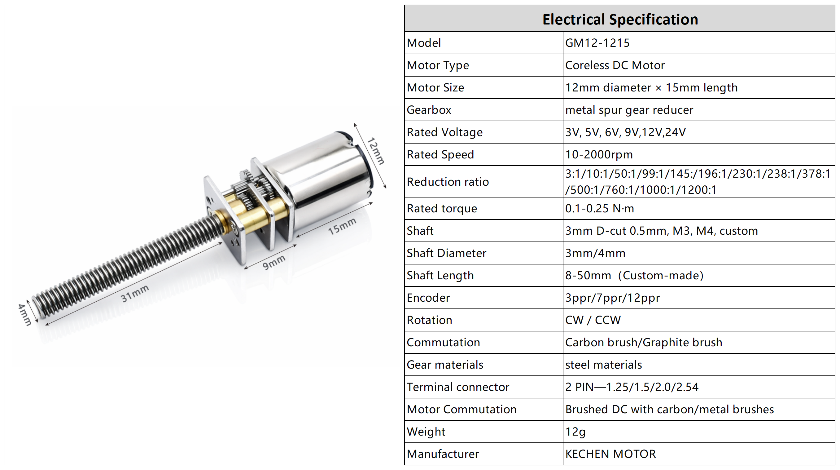 12mm 12V Micro Coreless Gear Motor Brushed Gearbox with Permanent Magnet Construction GM12-C1215