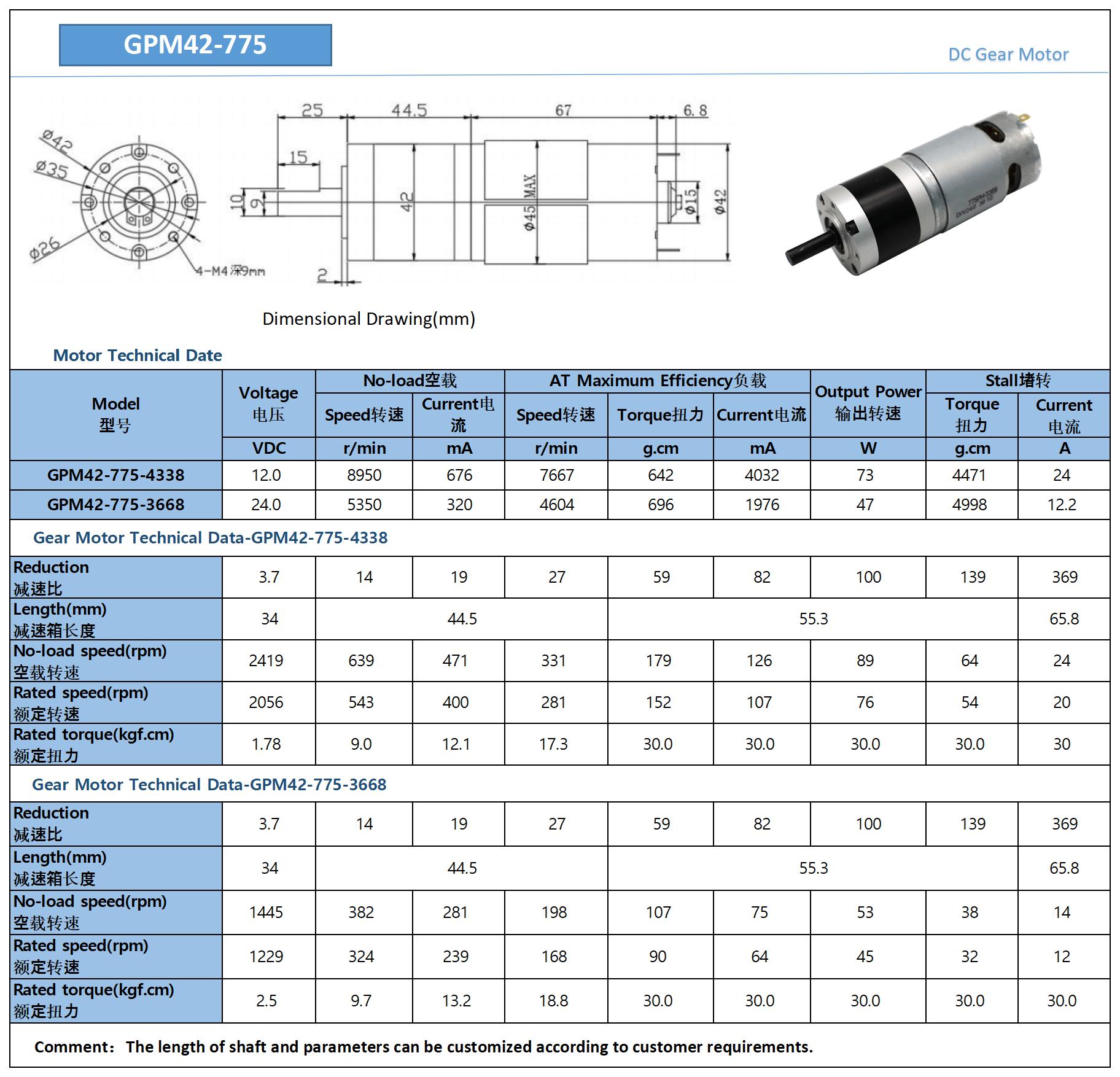 Planetary gear motor dimensions and parts