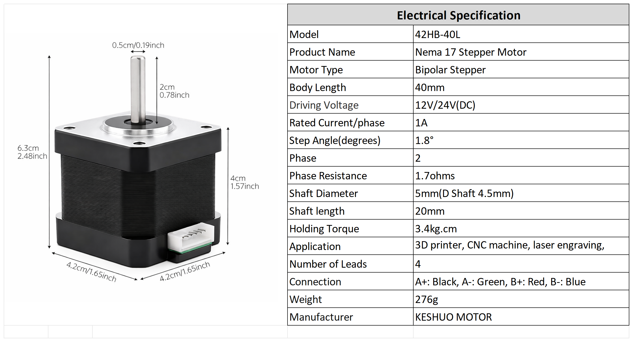 Nema 17 Stepper Motor 42*42*40 with 2Phase 4 Wires High Torque Hybrid Stepper Motor for 3D Printer & Laser Engraving Machine