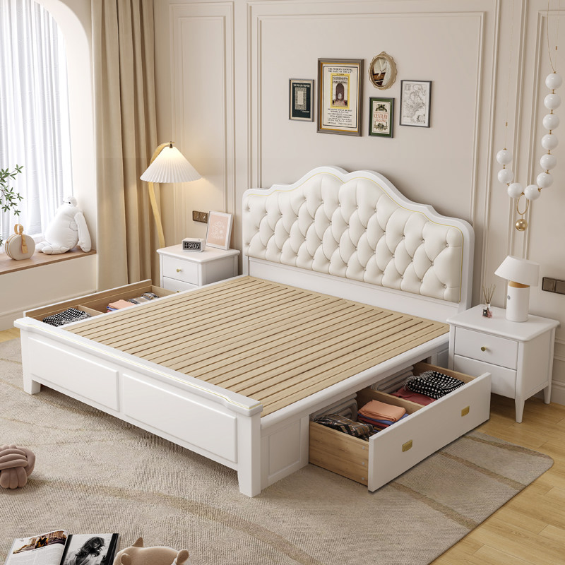 Muebles de hogar de madera maciza con diseño minimalista, lujosa estructura de cama de madera con cabecera tapizada cómoda