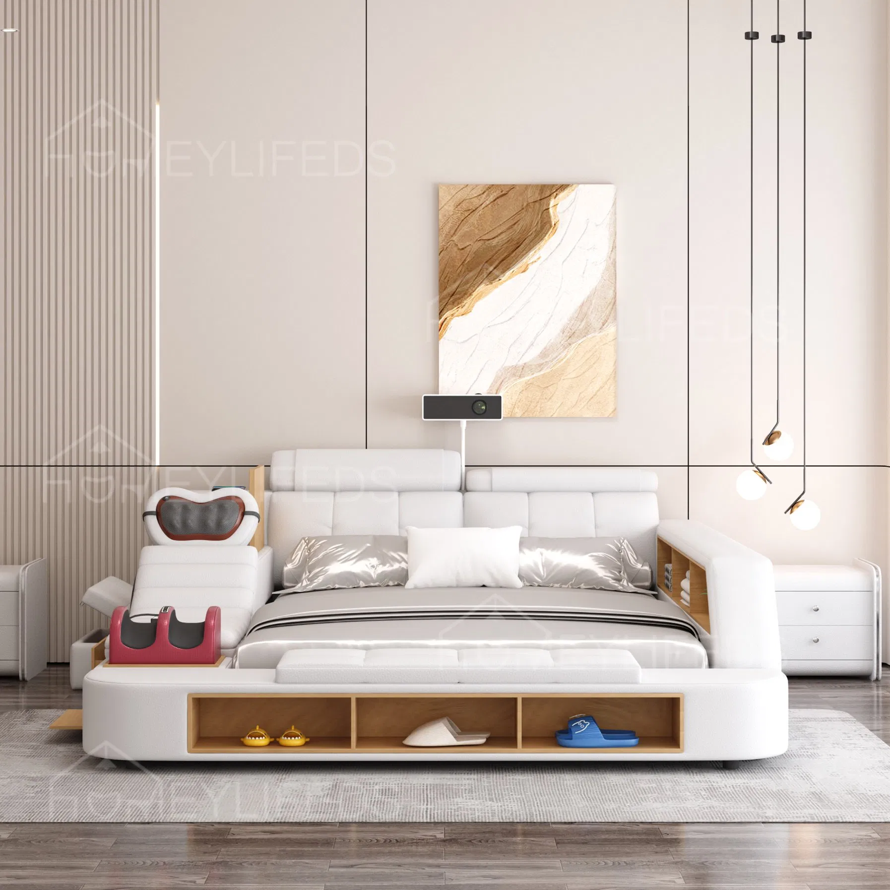 Muebles de dormitorio inteligentes Cama de cuero multifuncional Cama moderna tamaño king y tamaño queen con función de masaje y altavoz