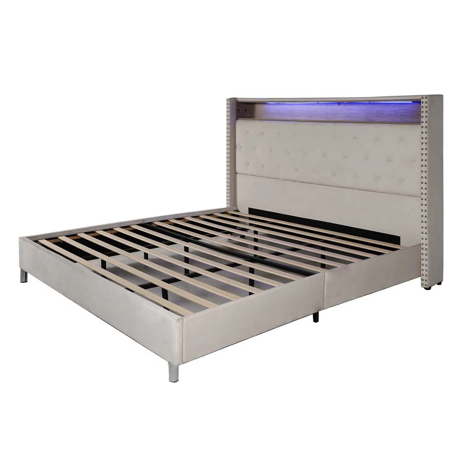 Estructura de cama completa con 4 cajones de almacenamiento, estructura de cama tapizada con cabecero ajustable tipo ala, decoración de botones dorados, soporte de listones de madera maciza