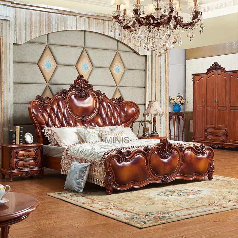 Muebles de dormitorio de madera maciza dorada, cama doble de cuero para adultos tamaño rey y reina