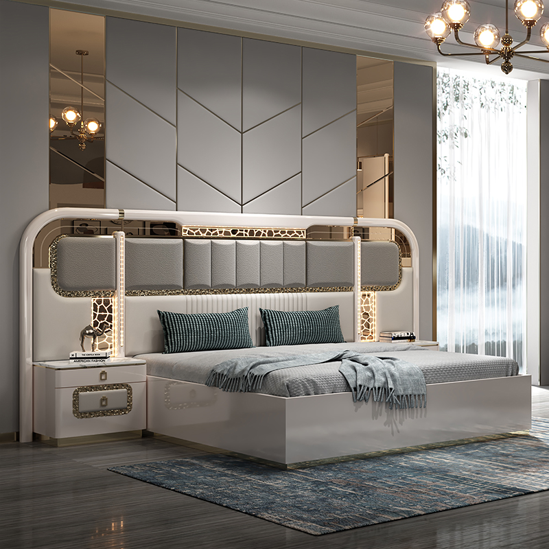 Conjunto de cama doble de madera completa de lujo moderno para el hogar, juego de muebles para dormitorio principal con marco de madera, tamaño completo y rey, con almacenamiento