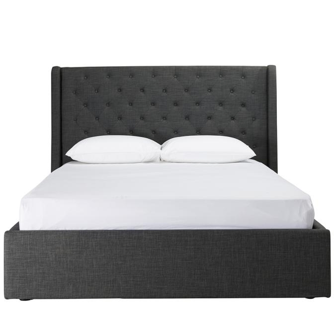 Estructura de cama plataforma tapizada con elevación de gas y cabecera con botones y almacenamiento