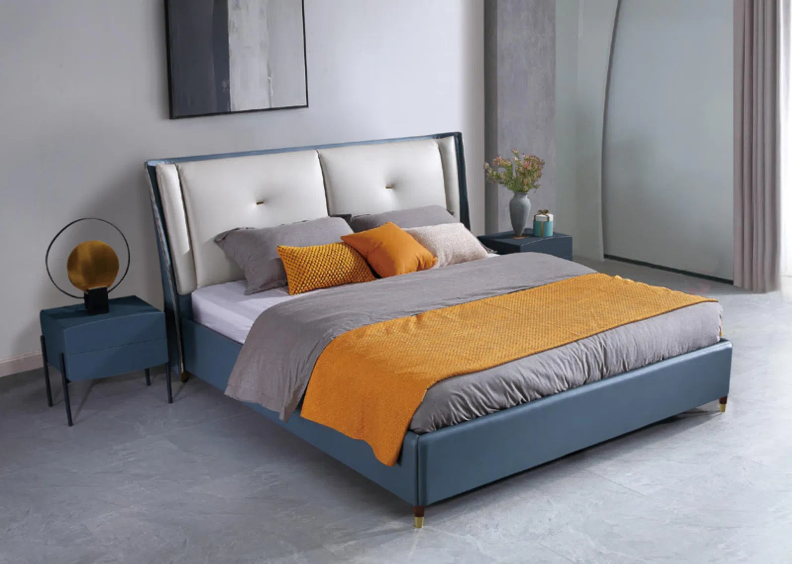 Cama King de Madera Sólida Elegante con Tapicería de Cuero Premium