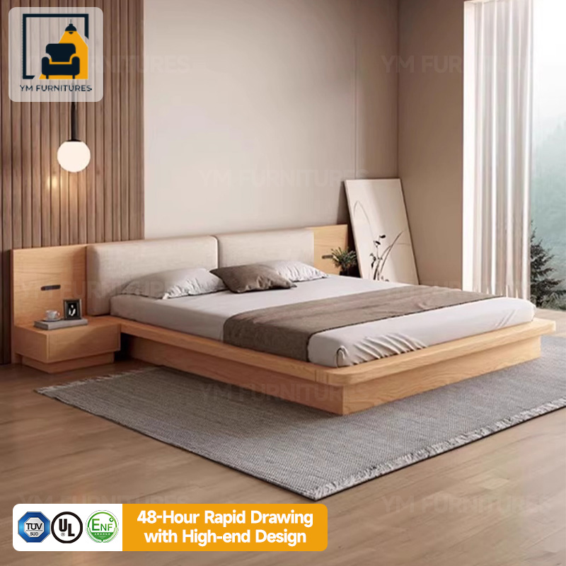 Mueble moderno para dormitorio en casa, cama doble con marco de madera minimalista y colchón suave