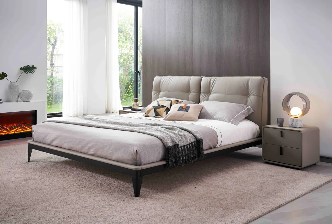 Conjuntos de muebles de dormitorio de estilo moderno y simple, cama king y queen de cuero blanco