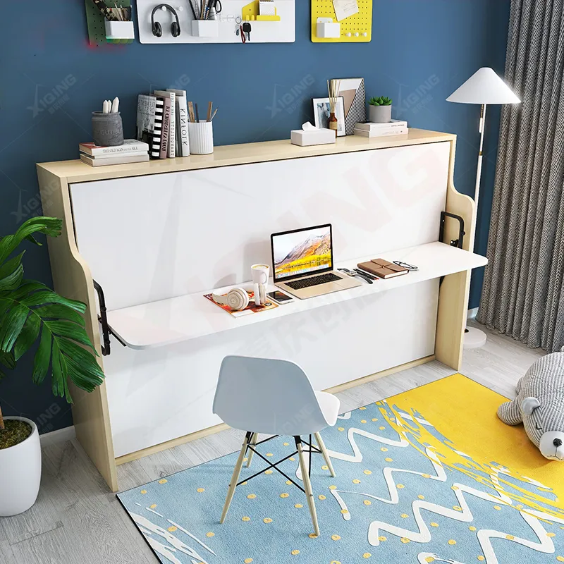 Conjunto de cama Murphy de metal moderno ajustable que se pliega hacia abajo con estilo de panel de madera para dormitorio, estudio o habitación de invitados