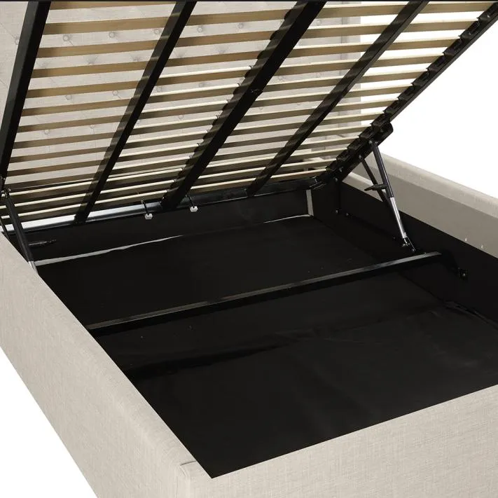 Estructura de cama plataforma tapizada con elevación de gas y cabecera con botones y almacenamiento