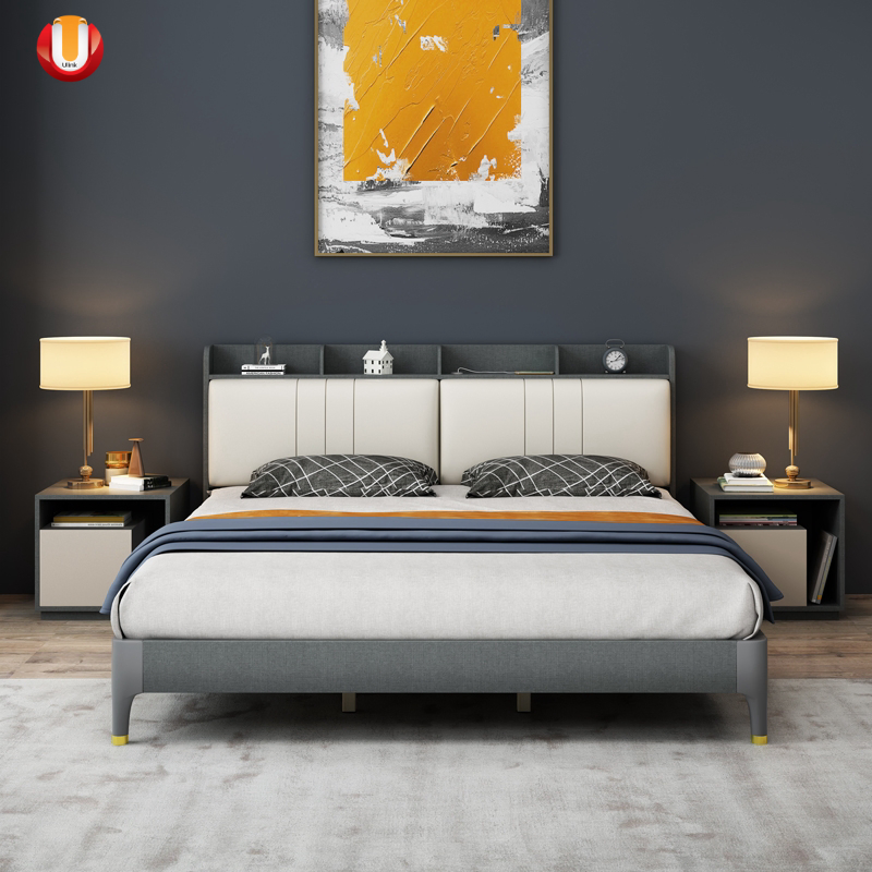 Habitación completamente amueblada, cama estándar blanca, plataforma doble elegante, cama funcional de cuero, marco de cama de belleza