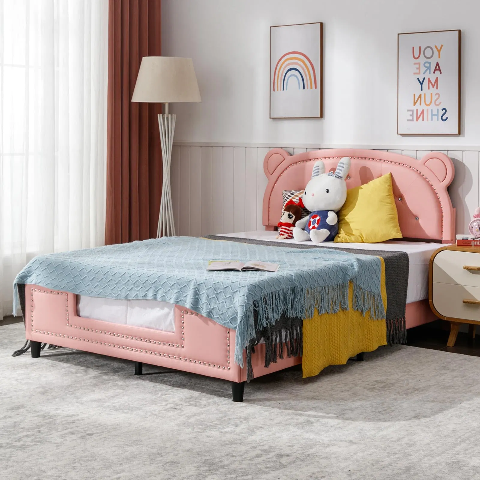 Estructuras de cama gemelas para niños, estructura de cama tapizada en cuero sintético con cabecera de orejas de oso