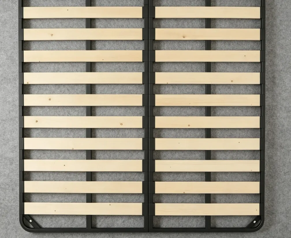 Estructura de cama tapizada comercial de alta resistencia con soporte de listones de madera cálida, estructura de cama con listones en posición dual y marco de metal negro