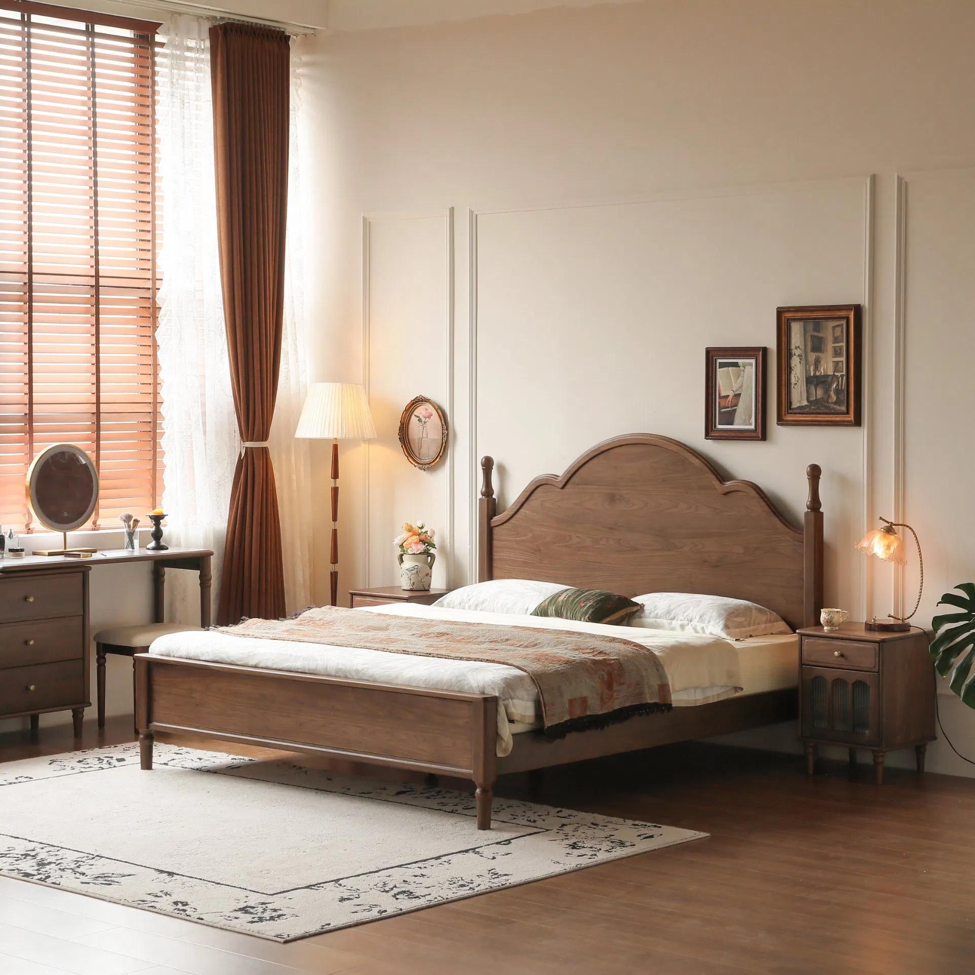 Estructura de cama de madera maciza vintage elegante para dormitorios con estilo