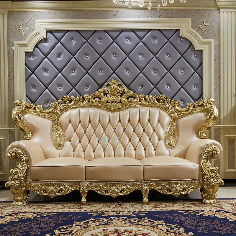 Muebles de dormitorio de madera maciza dorada, cama doble de cuero para adultos tamaño rey y reina